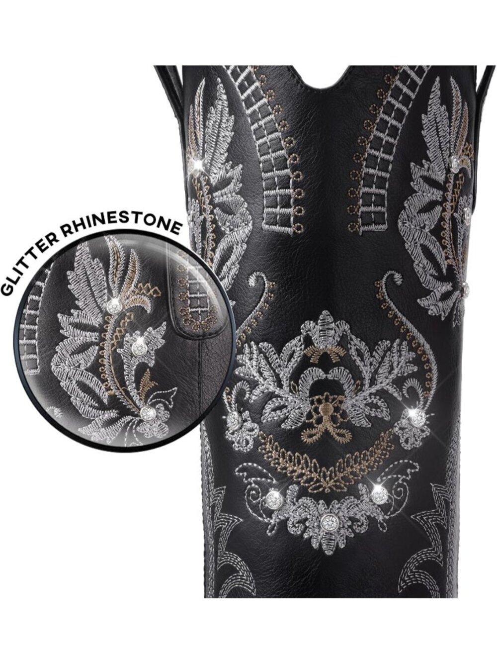 Women's Wide Calf Knee High Sparkly Rhinestone Black Western Boots Pull On Boots - Picture 4 of 6